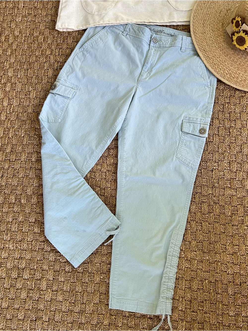 2 pairs Eddie Bauer 10 Tall Ripstop Light Sage Green and Khaki Cargo Capri Pants